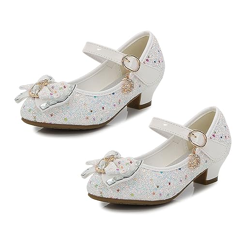 Yoawdats Girls Toddler Dress Shoes Sparkly Ruby Bowkno Flowert Wedding Party Bridesmaids Low Heel Princess Shoes for Kids (White, 18.7 cm)