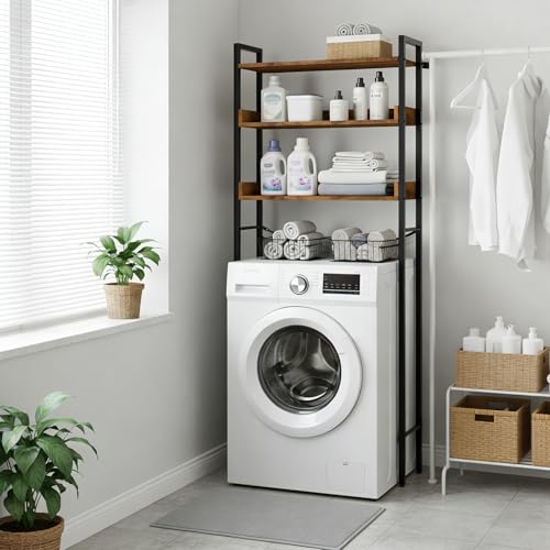 Bonnlo Over Toilet Shelf 3 Tier Bathroom Shelves Side Baffle Space Saver Rack Freestanding Above Over bathroom storage Shelf Weathered Wood Finish Bathroom Organizer for Laundry Room