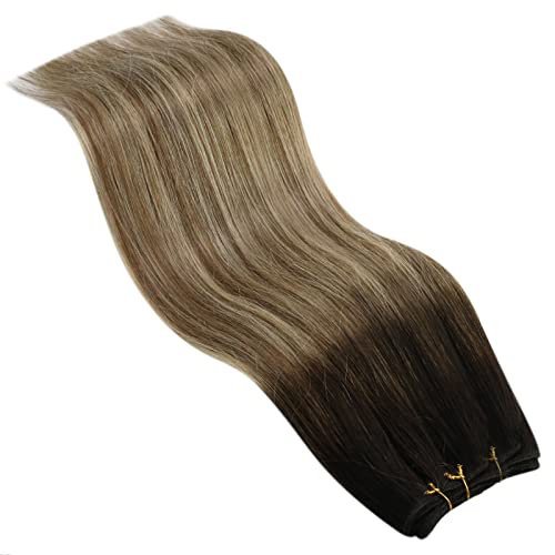 Weft Sew in Hair Extensions Human Hair Ombre Hair Bundles 22inch Weft Remy Hair Extensions Darkest Brown to Medium Brown with Blonde Sew in Weave Hair Human Bundles for Women 100g