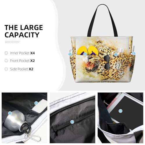 Roaring Leopard Print Large Capacity Beach Tote Bag for Women, Waterproof Beach Travel Bag2
