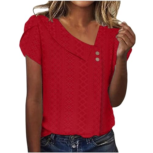 2026 T-shirt uni à manches courtes pour femme avec col en V et manches pétales à boutons, rouge, M