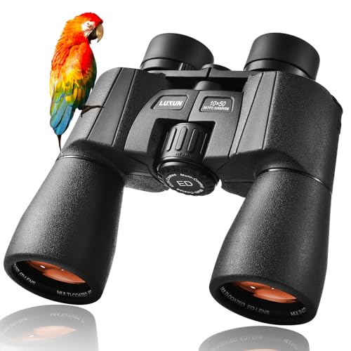 LUXUN Prismáticos 10 x 50 para adultos con correa, bolsa, 22 mm ED ocular, BAK4 FMC, grabador de campo, para llevar gafas, viajes, caza, observación de aves
