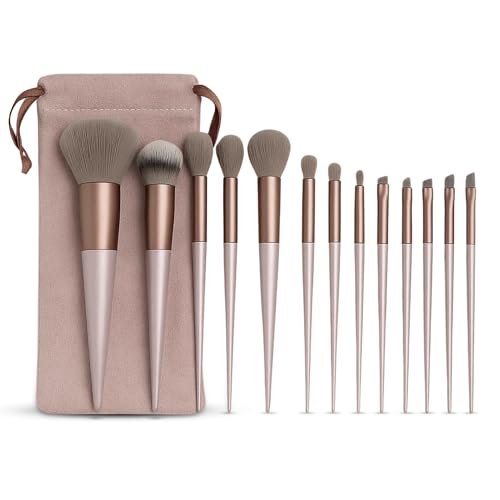 Image of GLUN Professional Makeup Brushes 13 Piece Set Brown Colour, Travel Makeup Brushes with Cloth Bag for Makeup Artists, Foundation, Powder, Concealer, Eyeshadow, Blush, Highlighter, Eyebrow, Brushes