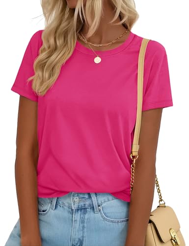 YUCOLEN T Shirts for Women Short Sleeve Crewneck Cotton Tops Summer UPF 50+ Casual Breathable Basic Tee Tshirt Hot Pink M