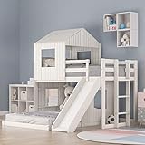 Merax Twin Over Full Bunk Bed Frames Loft Bed with Slide, House Roof, Window and Safety Guardrails for Boys or Girls, White