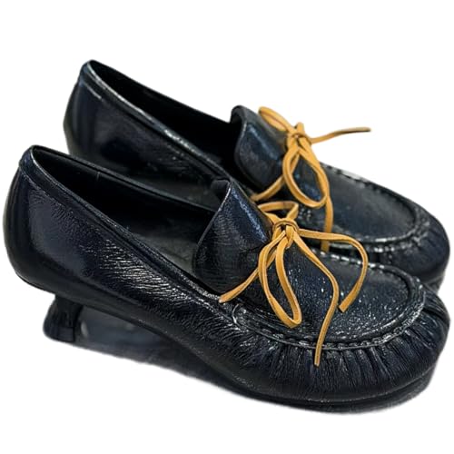 XU RI Happy Bird Chic Kitten Heel Loafers for Women | Slip On Closed-Toe with Bow Detail | Crinkled Patent Leather Dress Shoes | Summer & Spring 2026 Black