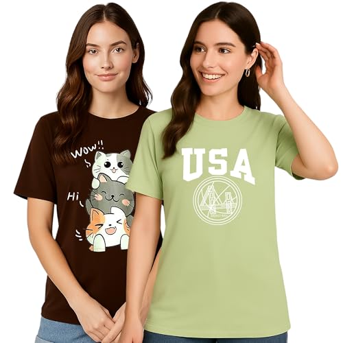 Image of My Swag Womens Graphic T-Shirt Pack of 2, Cotton Casual, Gym, Daily Summer Wear