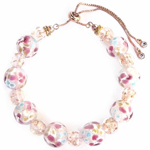 ARTSY Crafts Lily Garden Glow in the Dark Firefly Bead Bracelets Necklaces Handmade in USA Murano Firefly Glass Jewelry Flower Luminous Beads Mermaid Crystal Bracelet Bangle (Pink - Bracelet)