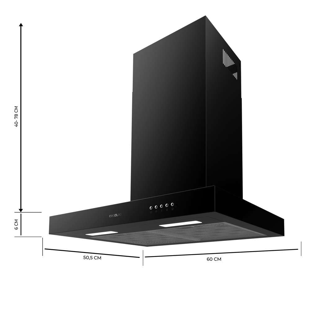 Cecotec Hotte Aspirante 60 cm Type T Bolero Flux TM 606500 Black A. Moteur 165W, Finition en Noir, Aspiration 650m3/h, Contrôle Mécanique, 3 Niveaux de Puissance, Éclairage et Filtre à Charbon