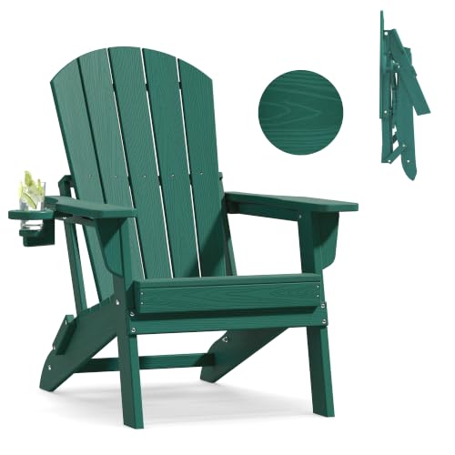 Image of Plawdlik Folding Adirondack Chair with Cup Holder, HDPE All-Weather, Green