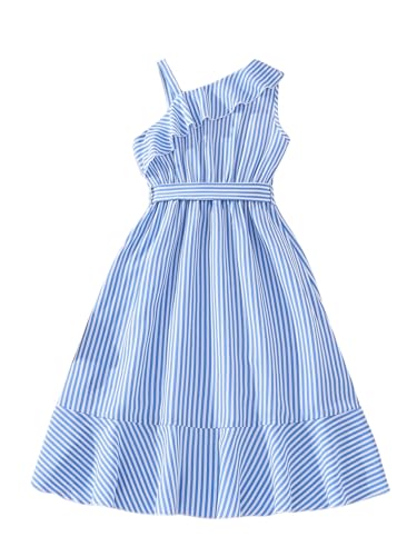 SweatyRocks Girl's Striped Warp Ruffle Trim Belted High Waist Asymmetrical Neck Flared Midi Dress2