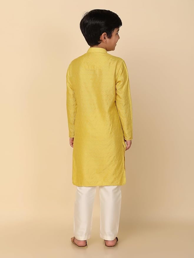 Kisah Kid's Jacquard Full Sleeves Regular Fit Knee Length Woven Yellow Kurta (7-8Y)