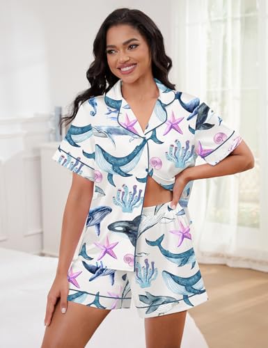 Image of SHESHOW Satin Pajamas for Women Set Preppy Animals Pjs Short Sleeve Shorts 2 Piece Loungewear Sets XS-XXL