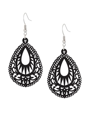 Boucles d'oreilles ovales en bois et cuir noir : cadeau vintage femme idéal