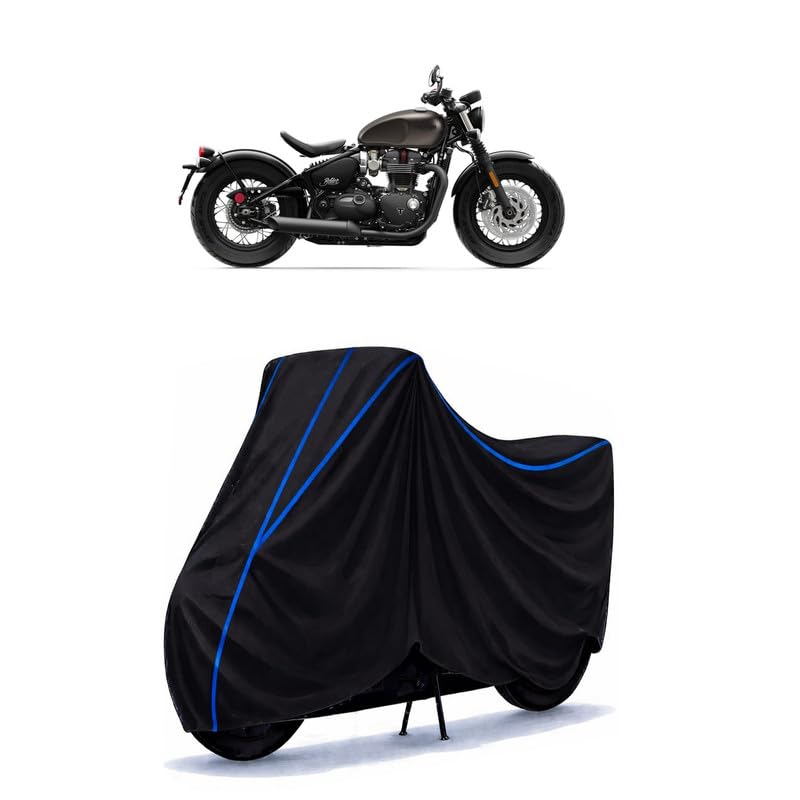 Image of Triumph Bonneville 1200 CC Bike Cover Water Resistant Universal Motorcycle Rain | Heavy Duty UV Protection, Dust, Scratch Indoor Outdoor All Weather with Black Blue Piping Elastic