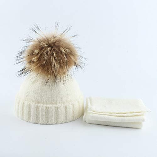Kids' Cashmere Blend Hat & Scarf Set, Natural Fur Pom Pom Winter Beanie, Soft Thermal Knit Set for Boys & Girls