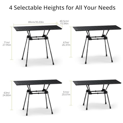 Anbte 3ft Roll Up Camping Table Max 27.5\", 4 Adjustable Heights Aluminum Camping Table Foldable Waterproof with Carrying Bag, Lightweight, for Garden Picnic Outdoor Travel Beach, 35” X 16”, Black