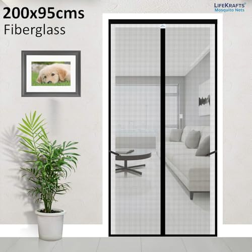 Image of LifeKrafts Mosquito Net Curtain for Door | Magnetic Closure, 120 GSM Fiberglass Material, Black (200x95 cm)
