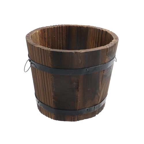 MY MIRONEY Plant Pots, Vintage Wooden Barrel Planter - Solid Rustic Garden Flower Pot with Metal Handles & Frame for Indoor Planter, Office Home Decor, Garden Home Plants, 5.91" x 4.72"