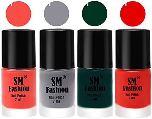 Image of Nail Polish Combo Set (Pack of 4) Quick Dry Gel Finish Nail Paint | Coral,Gray,Dark Green,Fire Orange | 7 ml Each