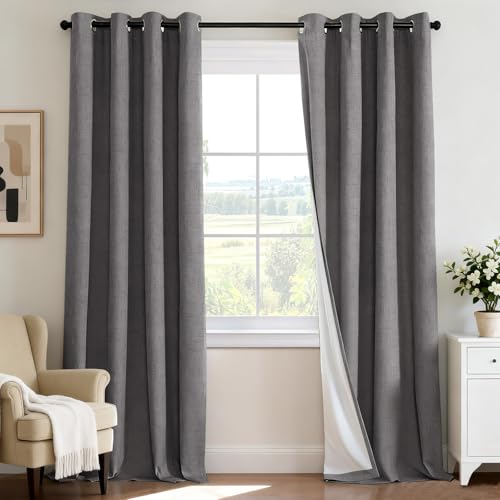 H.VERSAILTEX 100% Blackout Curtains for Bedroom 96 Inches Long Grommet Linen Face Full Light Blocking Curtain Drapes for Living Room Thermal Linen Look Curtains 2 Panels Set, 52" W x 96" L, Grey by H.VERSAILTEX - Used condition - US$20.88