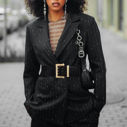 Wide Elastic Waist Belt for Women Ladies Black Crocodile Pattern with Gold Buckle Stretchy Cinch Belt for Dress 5