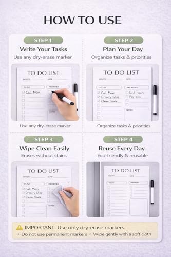 Image of Dry-Erase to Do List Planner, Reusable with Adhesive Backing, 10x15 Inch, to Do, Priorities and Notes Layout