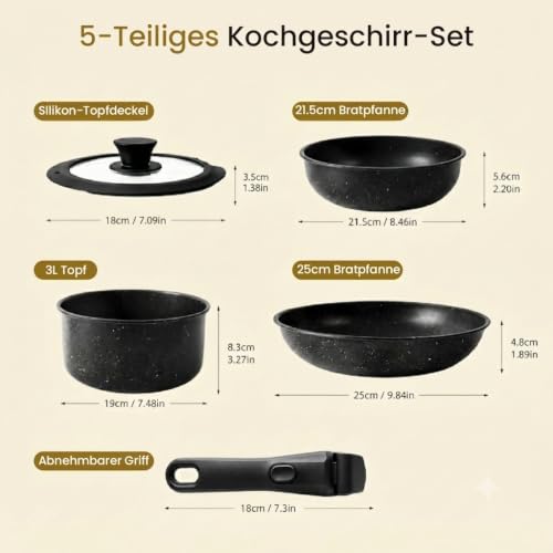 Yirilan 5-tlg Pfannenset Induktion Bratpfanne mit Abnehmbarem Griff Schwarz – Ansicht 2