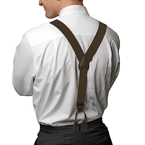 HOLD'EM Tuxedo Suspenders for Men Black Genuine Leather Button End 1.25 Inches Mens Braces Suspenders- Brown (Regular 46" Long)