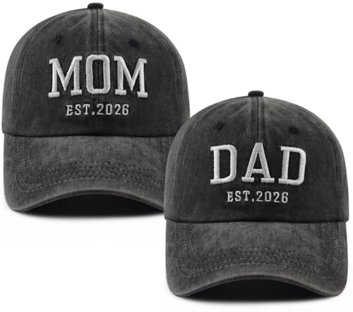 New Parents Gifts for Couples, 2PCS Mom and Dad EST 2026 Hats, Papa Mama Baseball Cap, Mothers Fathers Day Birthday Gifts for New Dad Mom Husband Wife Black