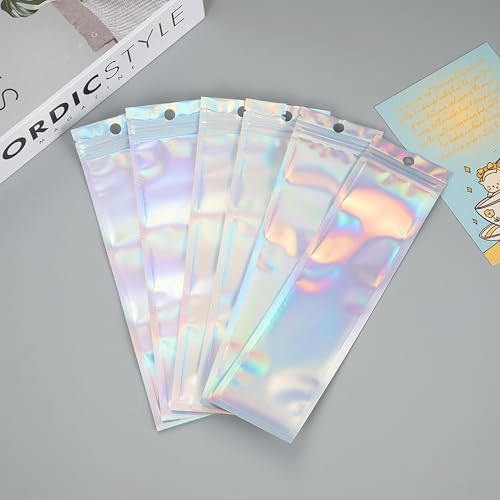 100 Stück Klein Mylar Beutel 7X22CM,Zip Beutel Geschenk,Holografische Folienbeutel Mit Transparentem Fenster - Für Schmuck, Süßigkeiten, Kekse, Wimpern (Silber)