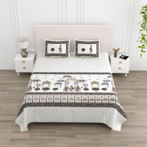 Image of 240 TC 100% Cotton Bedsheet for Double Bed King Size with 2 Pillow Covers | Breathable & Super Soft Rajasthani Sanganeri Jaipuri Printed Bed Sheet -100 * 108 Inches (Jaipur Gharana)