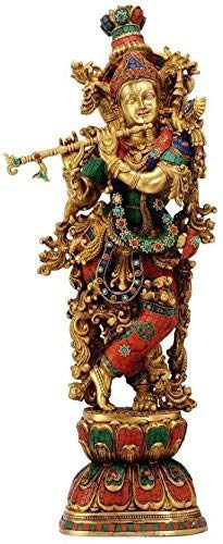 FASHERATI Large Standing Brass Krishna Statue | Krishna Murti Multicolor with Flute (H-29 Inchs)