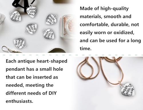 AOYEGIC 50 Stück Herz Anhänger,Vintage Metall Basteln Herzanhänger,Mini Antique Charm,Schmuckzubehör,Handmade Knöpfe Label mit Made with Love,für DIY Handwerk Schmuck Herstellung(antikes Silber)