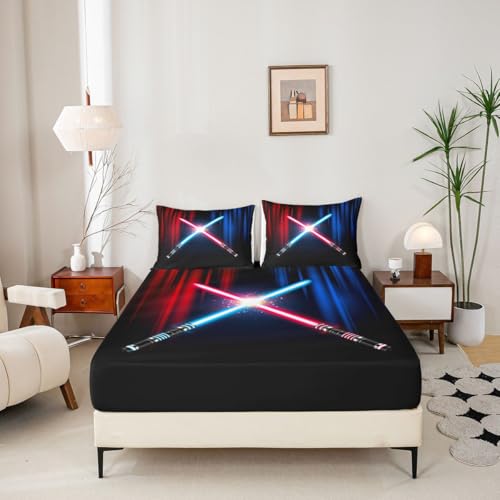 Neon Light Lightsaber Sheet Set Twin Size Geometric Red Blue Abstract Ombre Bedding Set 3Pcs Kids Boys Adult Bedroom Decor Video Games Bed Sheet Fashion Black Fitted + Flat Sheet,1 Pillowcase by Castle Fairy - Image 5