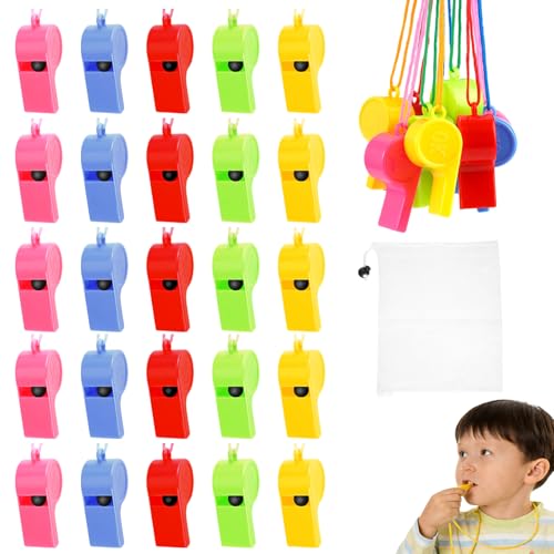 Rairsky 60 Stück Plastik Pfeifen Kinder, 5 Farben Sportpfeifen mit Umhängeband, Trillerpfeife Kinder, Bunte Sportpfeife, Schiedsrichterpfeife, für Schulsport, Fußball, Hundetraining, Sportunterricht
