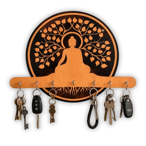 Image of Buddha Wooden Key Holder for Wall | Decorative MDF Key Stand with 7 Hooks | Spiritual Home Decor & Key Organizer for Entryway, Living Room, Office | Handmade Wall Mounted Key Hanger