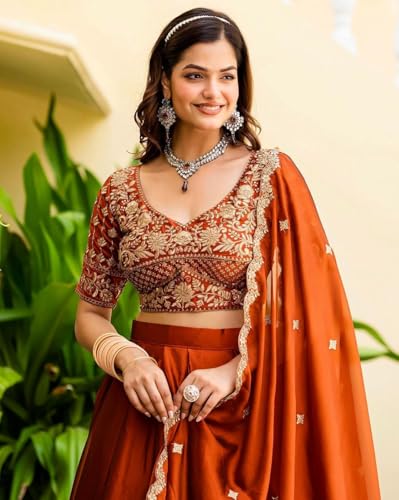 Image of piludi Women's Embroidered Lehenga Choli with Dupatta | Heavy Floral Zari Work Semi-Stitched Lehenga Set