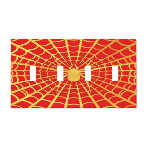 Decorative Switch Plate Covers Red Background with Golden Spiderweb Spider 4 Gang Light Switch Cover Plate Quad Toggle Wall Plate Light Switch Covers for Bedroom Home Decor