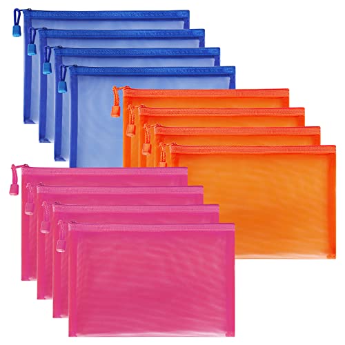 Sinzip 12 Pieces Zipper Nylon Mesh Pouch, Mesh Cosmetic Bags Makeup Bags Pencil Case, Multipurpose Travel Bags for Cosmetic School Office Supplies and Travel Accessories (Multicolored 01, A5)