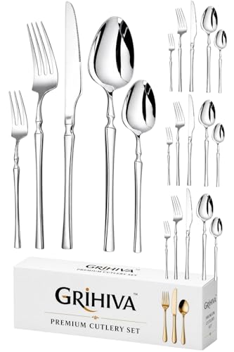Image of 20 Pcs Silver Cutlery Set for Dining Table the Perfect Lightweight Silim Handle Tableware Including Dinner Spoon, Dinner Fork, Dinner Knife, Dessert Spoon & Dessert Fork