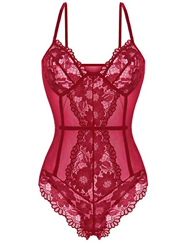 Women Lingerie Snap Crotch One Piece Lace Teddy Bodysuit Babydoll Chemise Sleepwear Wine Red M Women Lingerie Snap Crotch One Piece Lace Teddy Bodysuit Babydoll Chemise Sleepwear Wine Red M