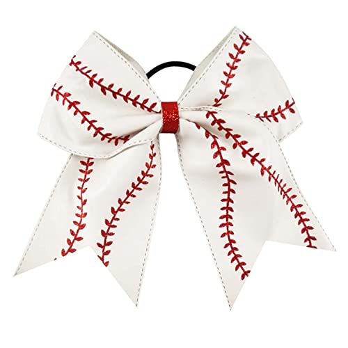 Softball Baseball Hair Bows Softball Bows for Girls 7Inch Glitter Leather Baseball Cheer Bow Elastics Hair Ties Bands Ponytail Holder for Girls Teen Sports Player Gift (1Pcs White)