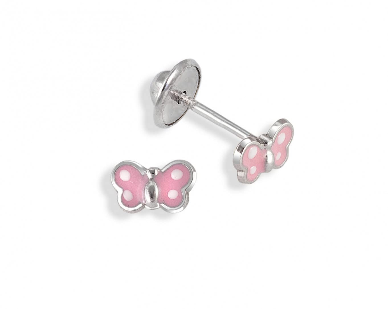 Turmalina by martina Turmalina - Pendientes bebe niña mariposa de Plata de Ley 925, pendientes de esmalte rosa con motivo de mariposa, tamaño de 7 x 4, de la marca de joyería Turmalina by Martina