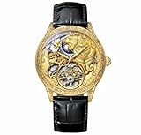 DAXIAOYU Montre mécanique de luxe à tourbillon pour homme, magnifique motif squelette creux sculpté à remontage automatique, lumineuse, étanche, bracelet en cuir vintage, doré, Luxe :