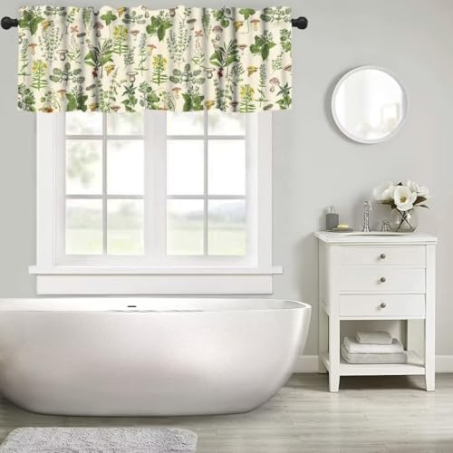 Janjcurt Vintage Botanical Valance Curtain, Antique 1900S Plants Herbs Mushroom Retro Wildflower Green Leaf Ferns Print Short Window Treatment For Farmhouse Kitchen thumb #4