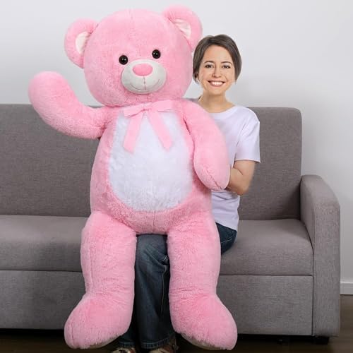 MorisMos Giant Teddy Bear Stuffed Animal, 130cm XXL Pink Cuddly Teddies Soft Toy, Large Teddy with White Belly Big Bear Fluffy Plush Gift for Girlfriend Kids Wife Birthday Baby Shower Decorations