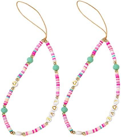 Staqlo 2Pcs Beaded Phone Lanyard Wrist Strap Handmade Girly Style Fixed Beads Pearl Bracelet Camera Car Key MP3 MP4 Phone Charm Decoration Anti Lost String Mobile Phone Chain for Women Girl