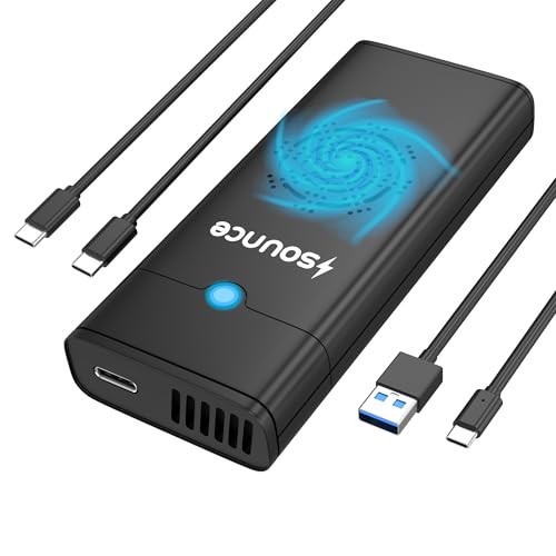 Image of NVME M.2 Fan Enclosure, Sounce India NVMe /NGFF SATA Dual SSD Enclosure with Smart Cooling Fan - USB 3.2 10Gbps, Tool-Free M.2 NVMe Case, PCI-E NVMe to USB-C, Supports M, B&M Keys 2230 /2242 /2260 /2280