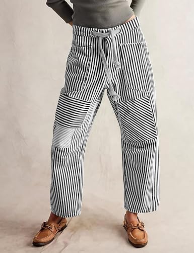 Baggy Barrel Jeans for Women Y2k Striped Drawstring High Waist Straight Wide Leg Boyfriend Jeans Mom Denim Pants4